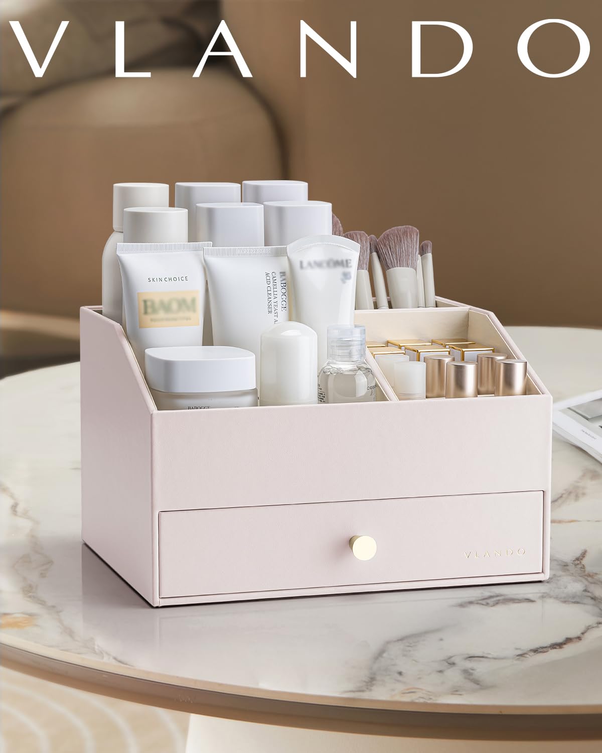 PU Leather Makeup Organizer with Drawers and Cosmetic Storage
