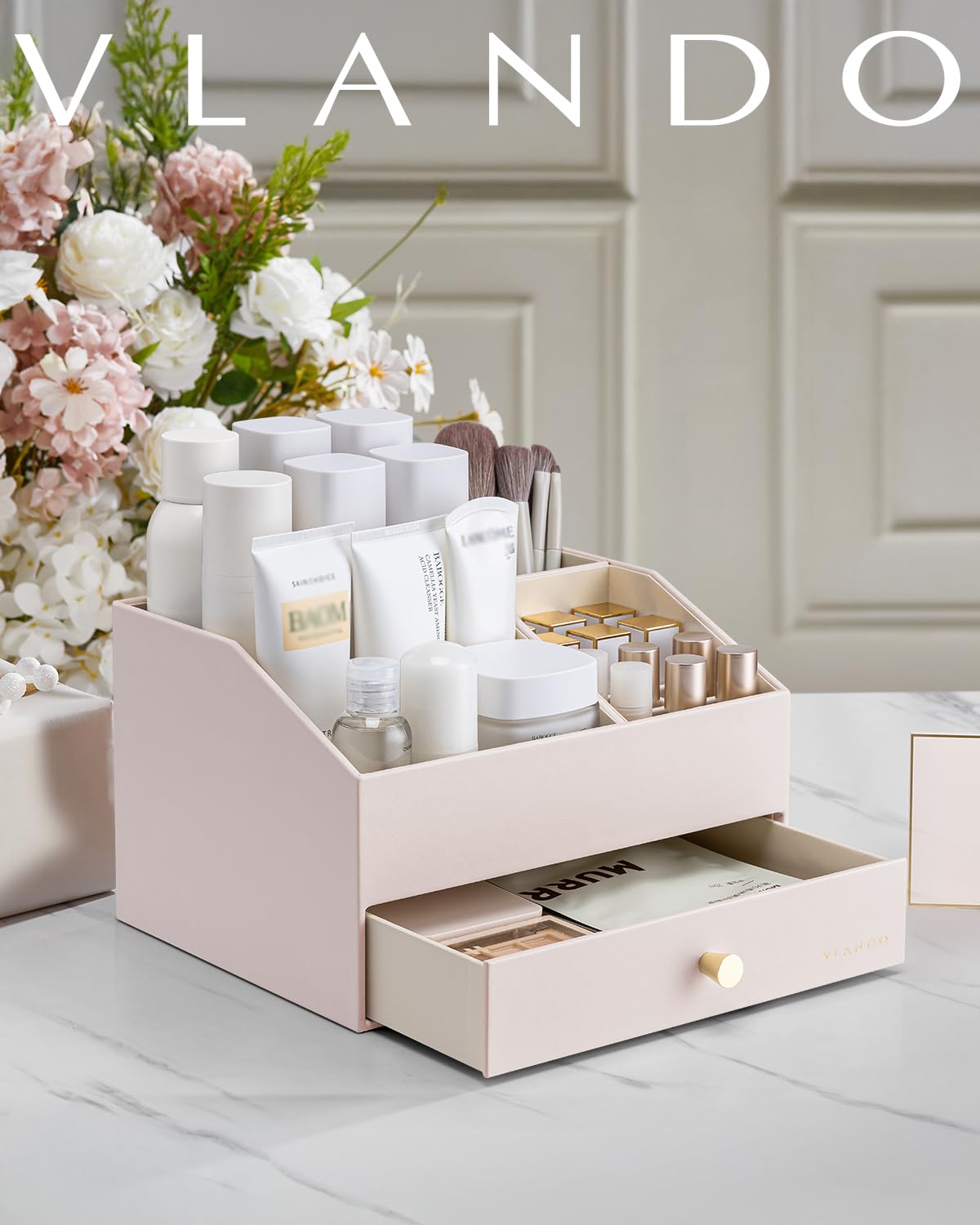PU Leather Makeup Organizer with Drawers and Cosmetic Storage
