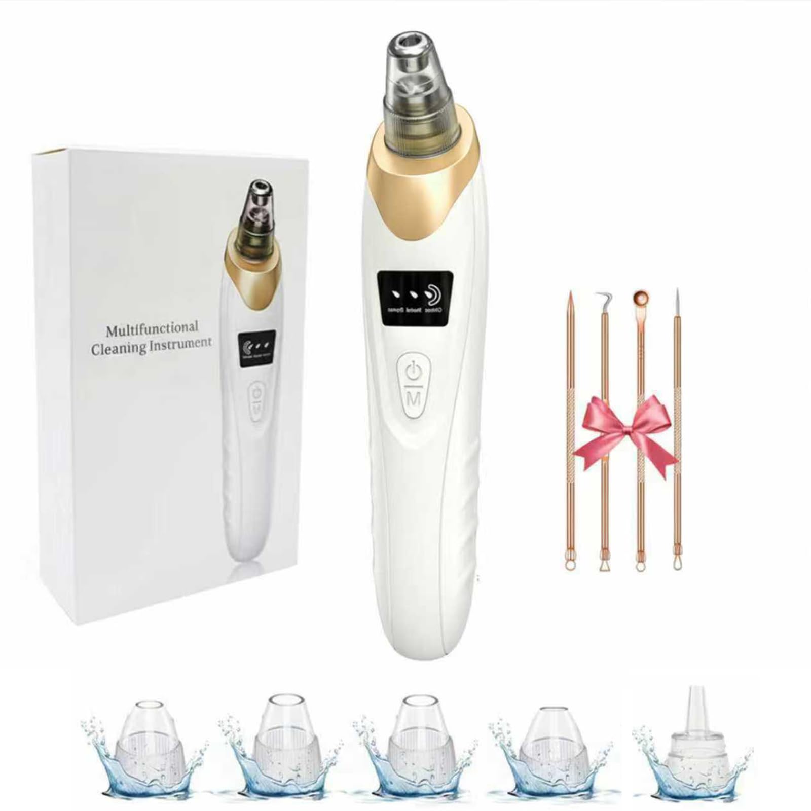 Electric Blackhead Remover 5 Suction Heads 8 Gold Needles USB Rechargeable