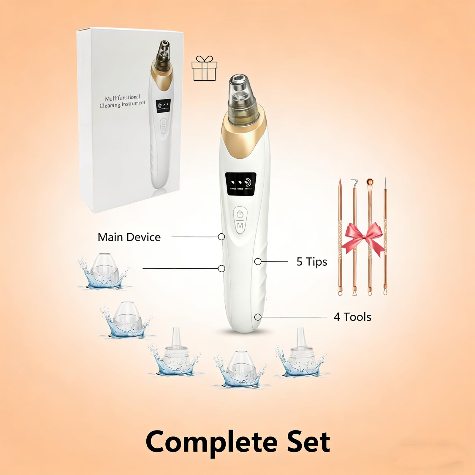 Electric Blackhead Remover 5 Suction Heads 8 Gold Needles USB Rechargeable