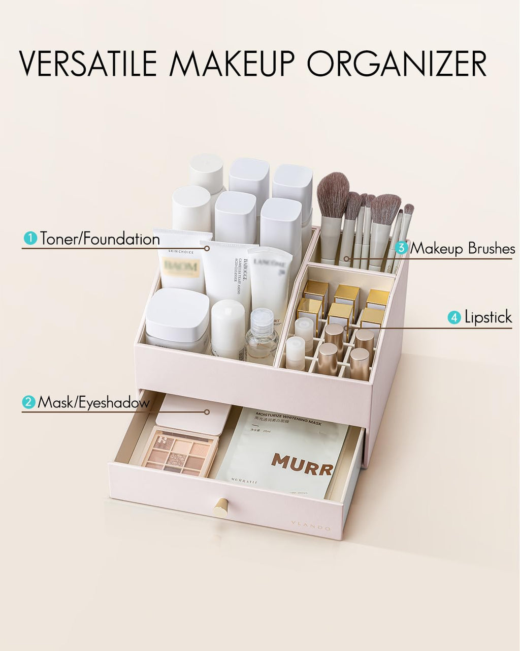 PU Leather Makeup Organizer with Drawers and Cosmetic Storage