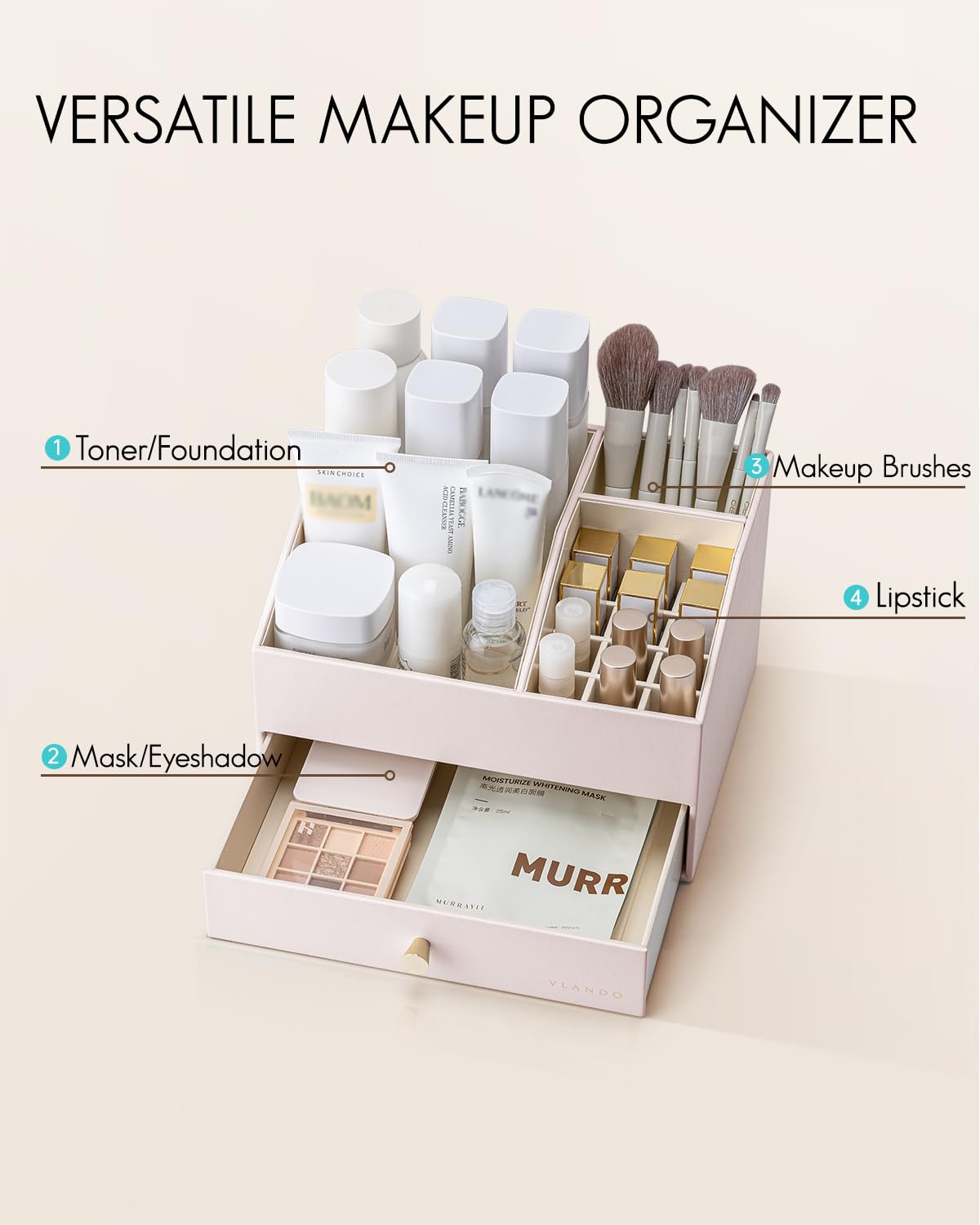 PU Leather Makeup Organizer with Drawers and Cosmetic Storage