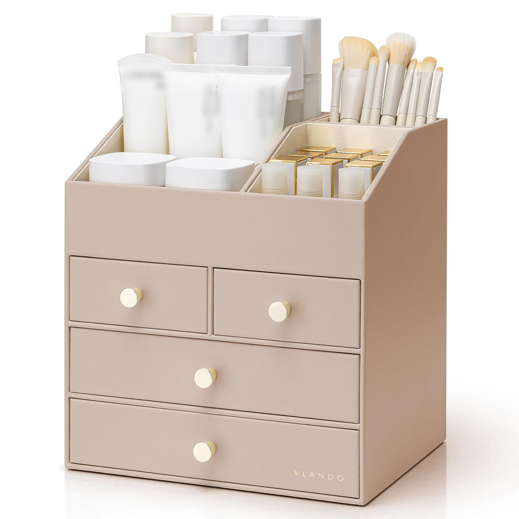 PU Leather Makeup Organizer with Drawers and Cosmetic Storage