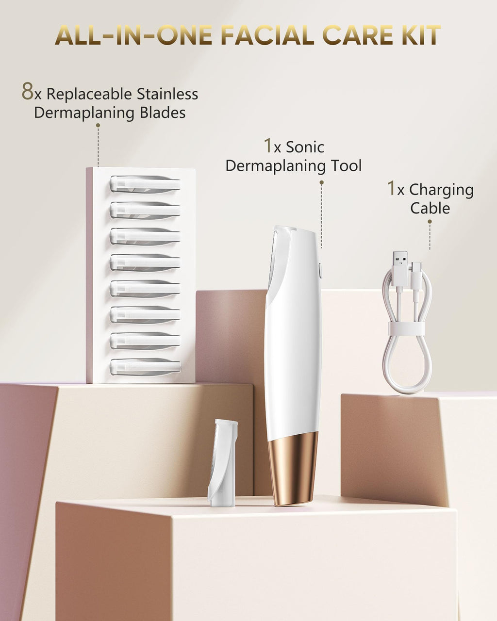Electric Sonic Facial Dermaplaning Tool with LED Light and Blades