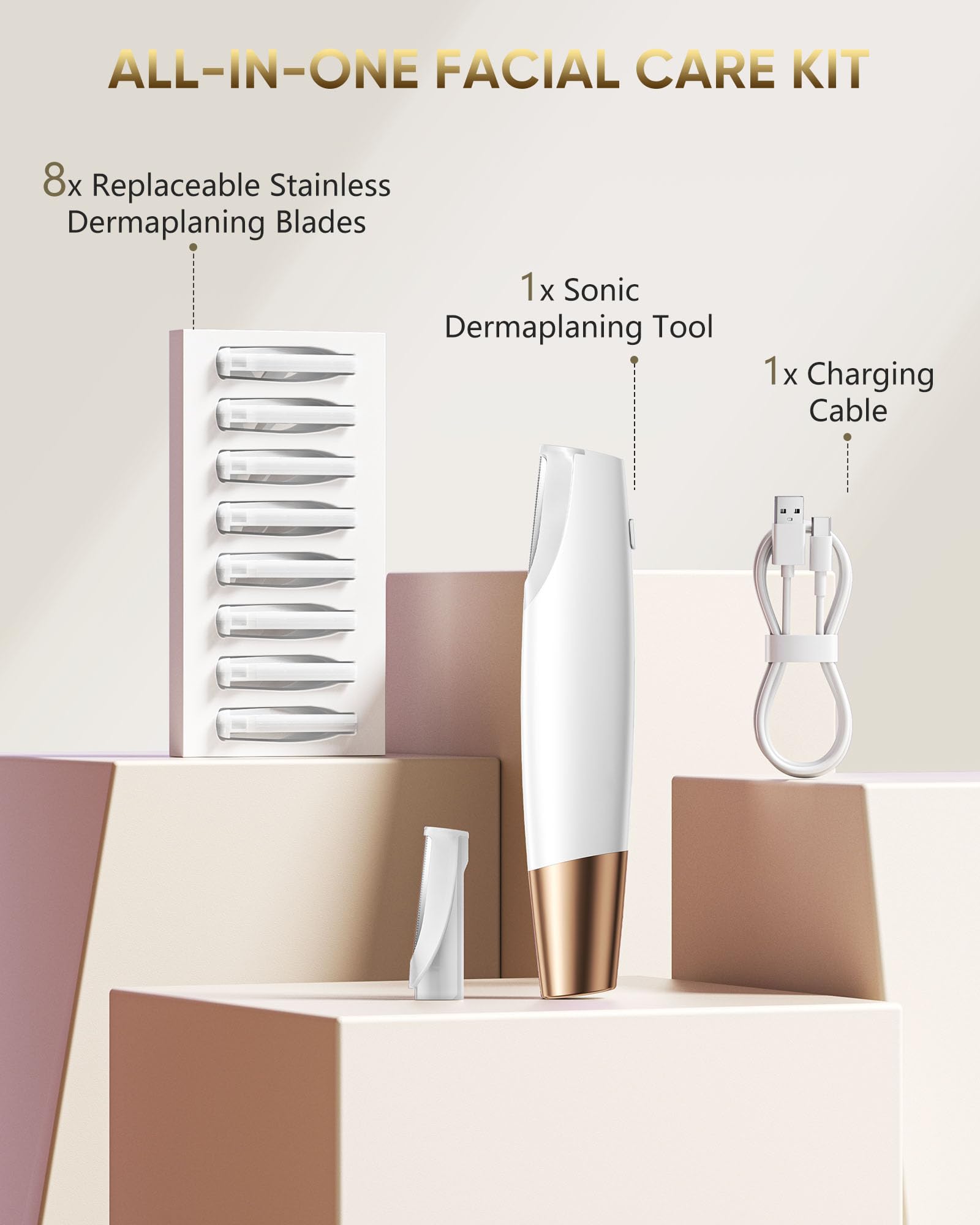Electric Sonic Facial Dermaplaning Tool with LED Light and Blades