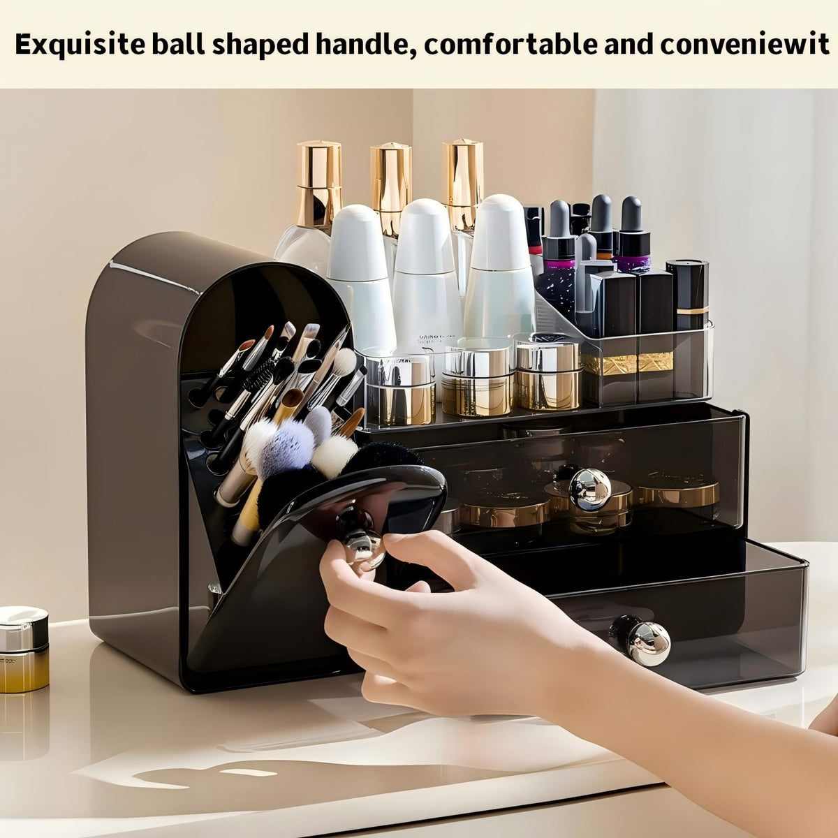 Makeup Organizer with Covered Brush Holder and Drawer Storage