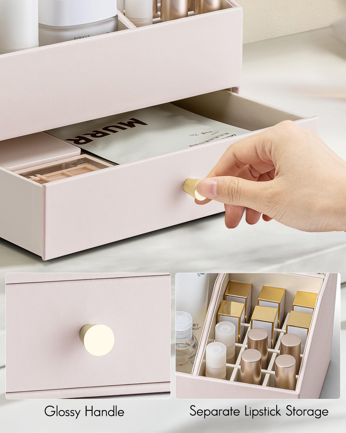 PU Leather Makeup Organizer with Drawers and Cosmetic Storage