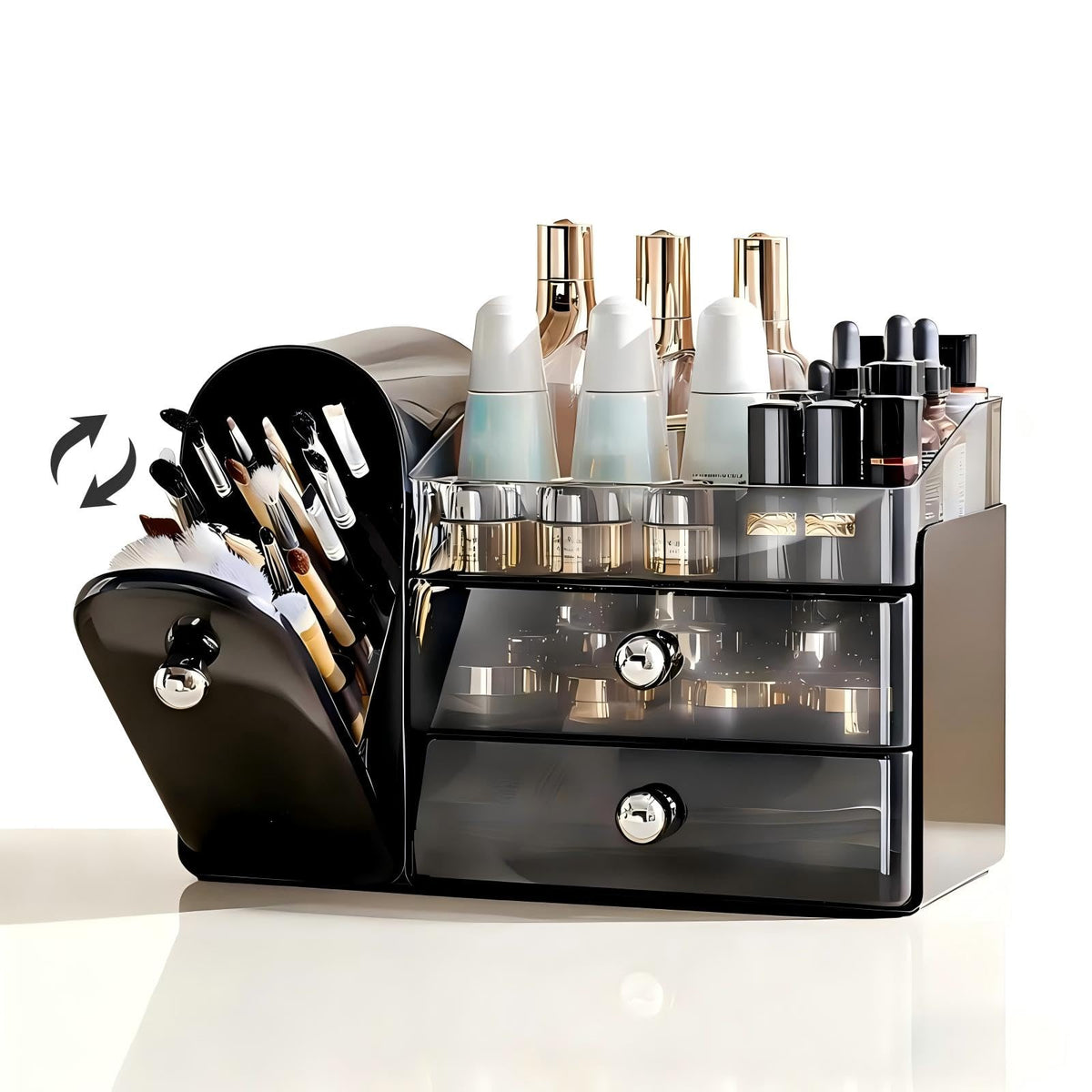 Makeup Organizer with Covered Brush Holder and Drawer Storage