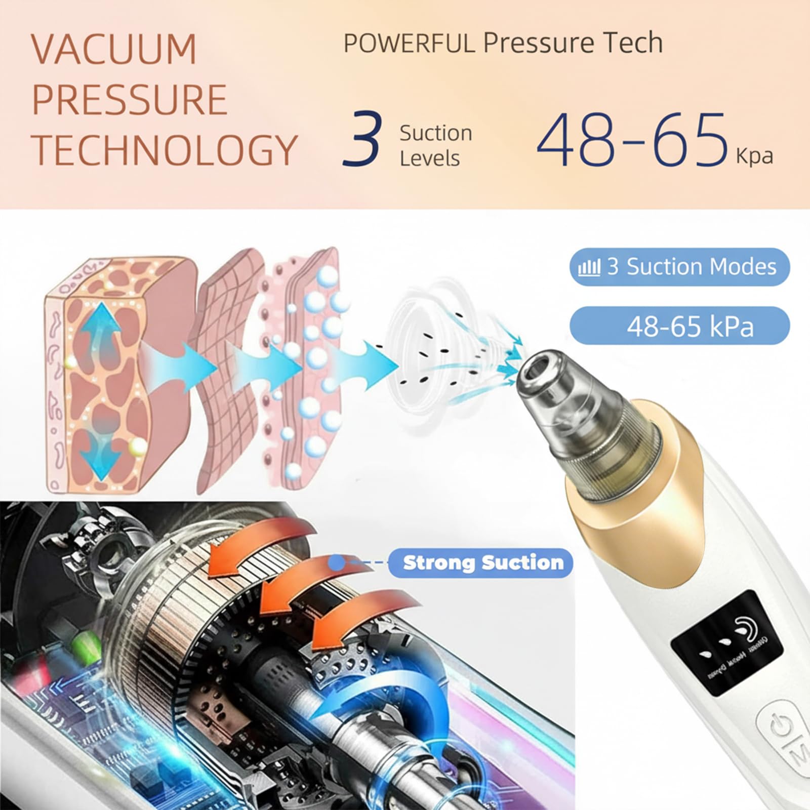 Electric Blackhead Remover 5 Suction Heads 8 Gold Needles USB Rechargeable