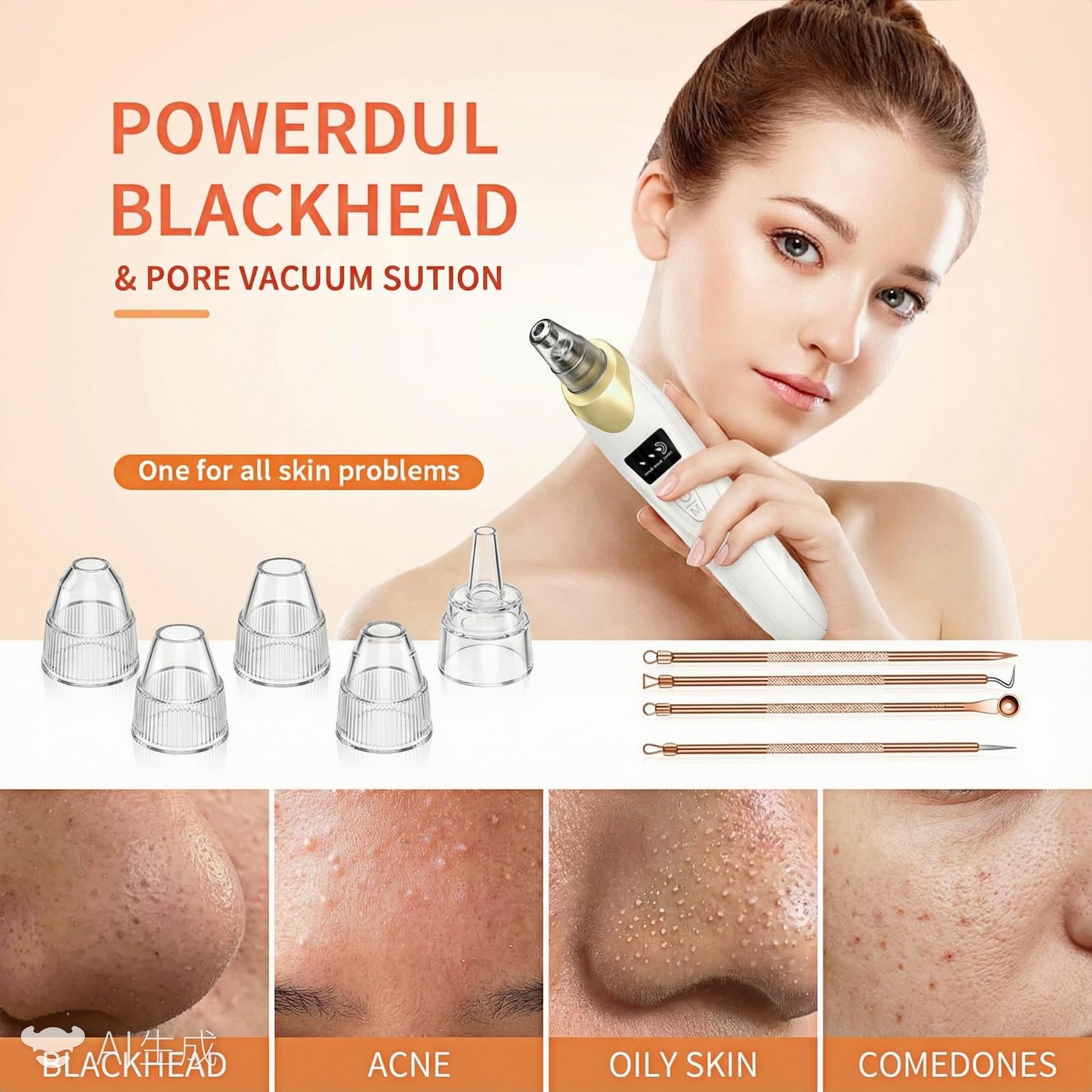 Electric Blackhead Remover 5 Suction Heads 8 Gold Needles USB Rechargeable
