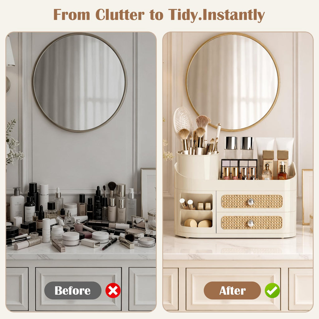 360 Rotating Makeup Organizer with Removable Brush Holder