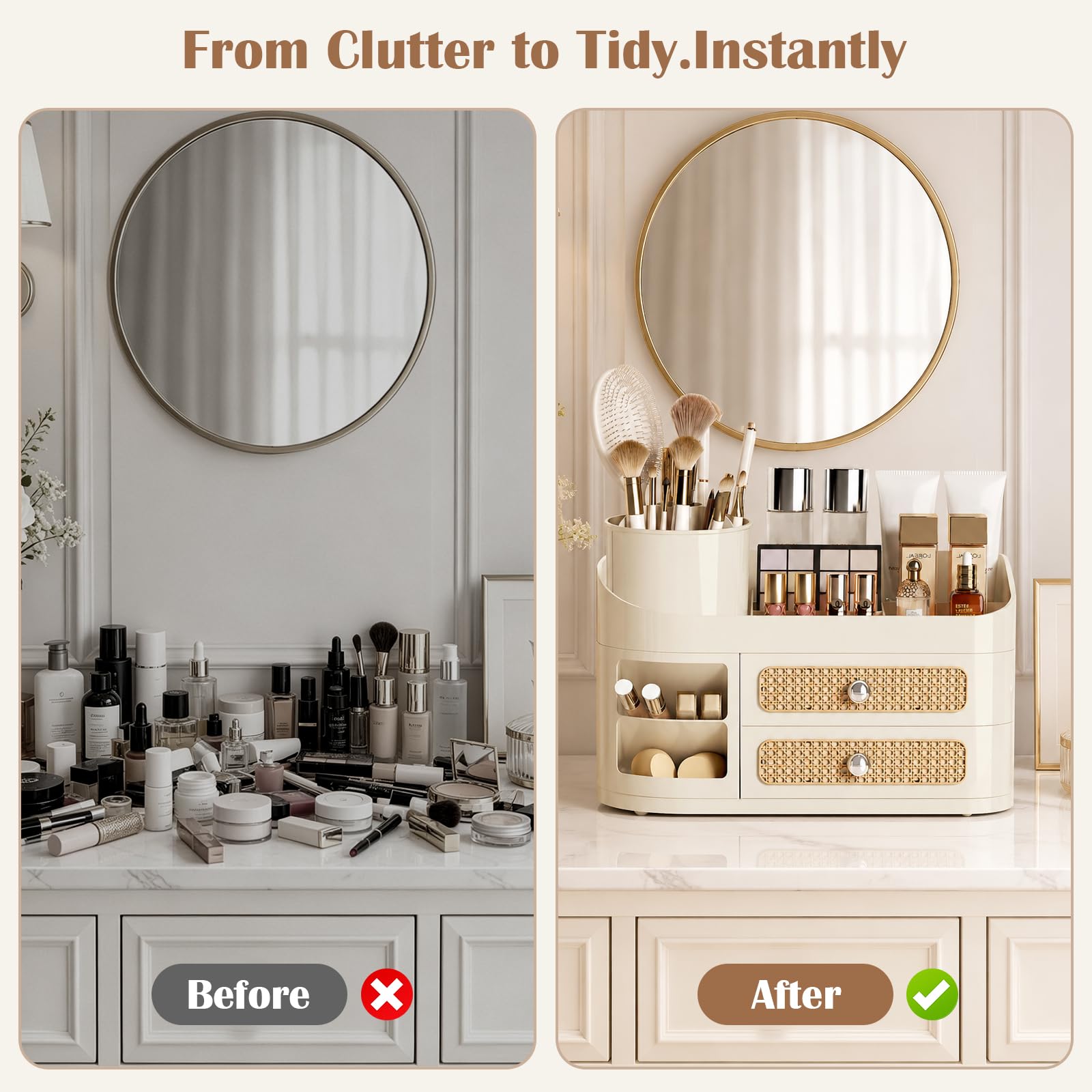 360 Rotating Makeup Organizer with Removable Brush Holder