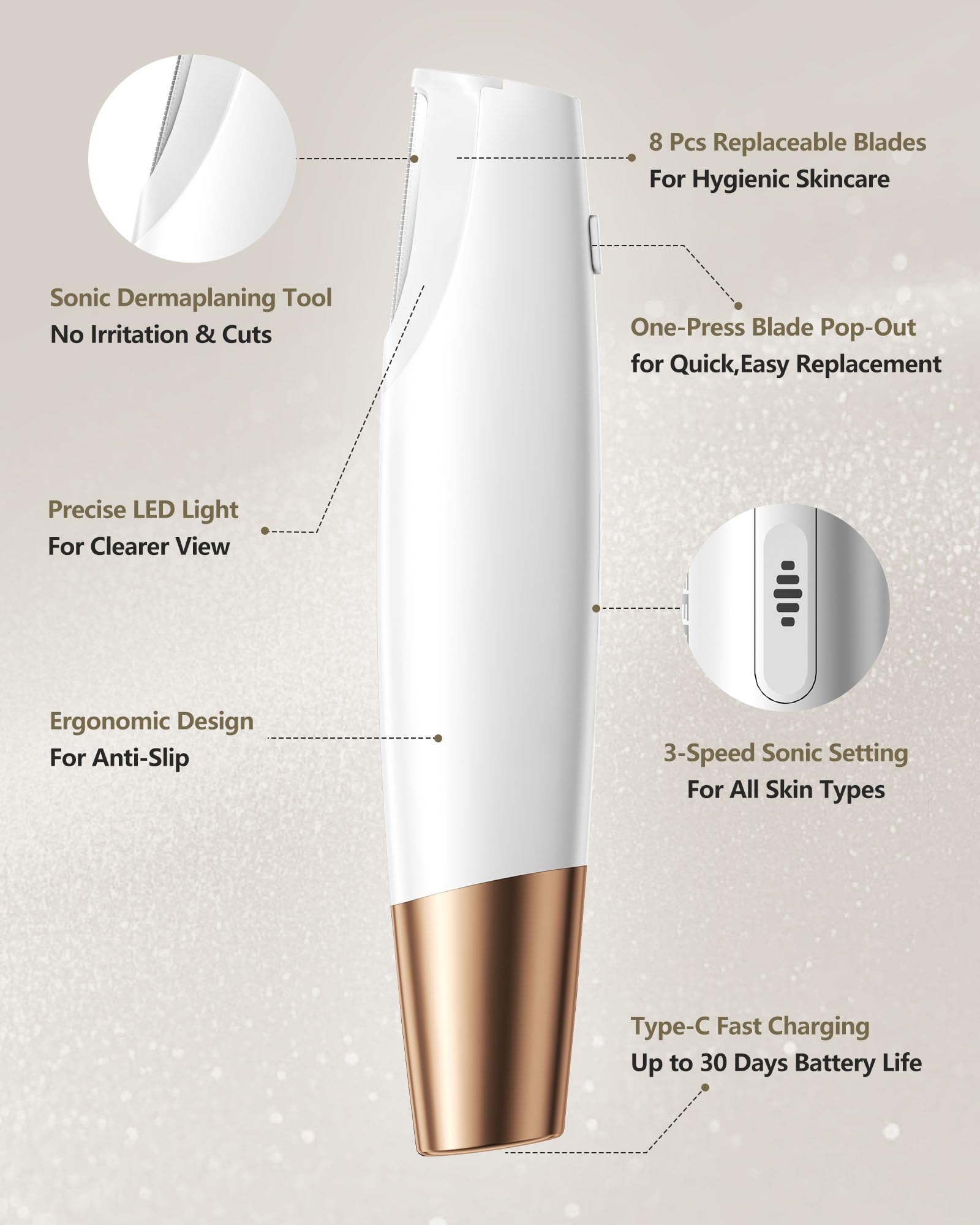 Electric Sonic Facial Dermaplaning Tool with LED Light and Blades